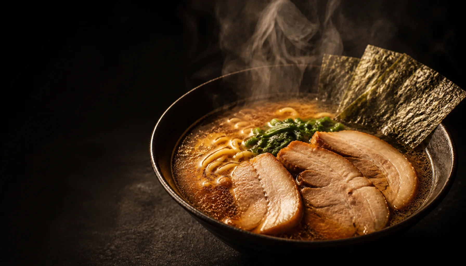 麺処一成の釜炊き豚骨醤油ラーメン — スープ表面に鶏油が浮かぶ濃厚な一杯